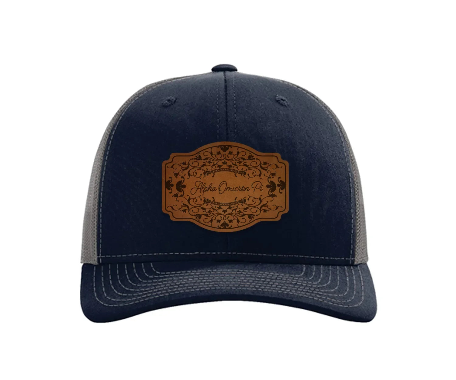 Alpha Omicron Pi Richardson 112 Leatherette Patch Trucker Hat - Scroll