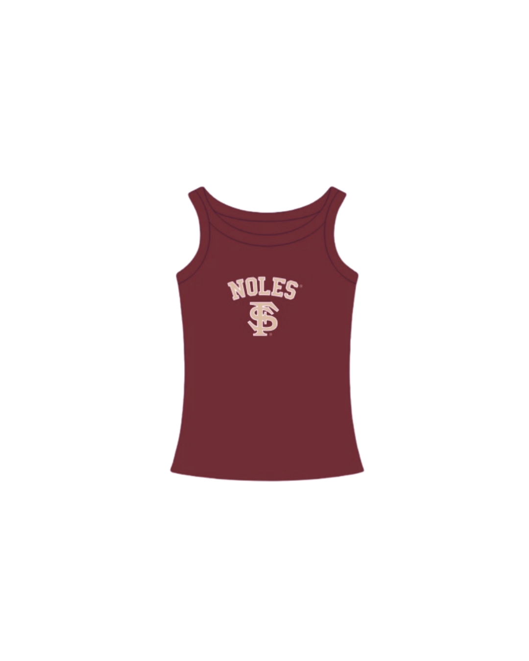 A sleeveless scoop-neck tank top in maroon with a cream-colored 'NOLES' and monogram graphic on the front, shown against a plain white background.