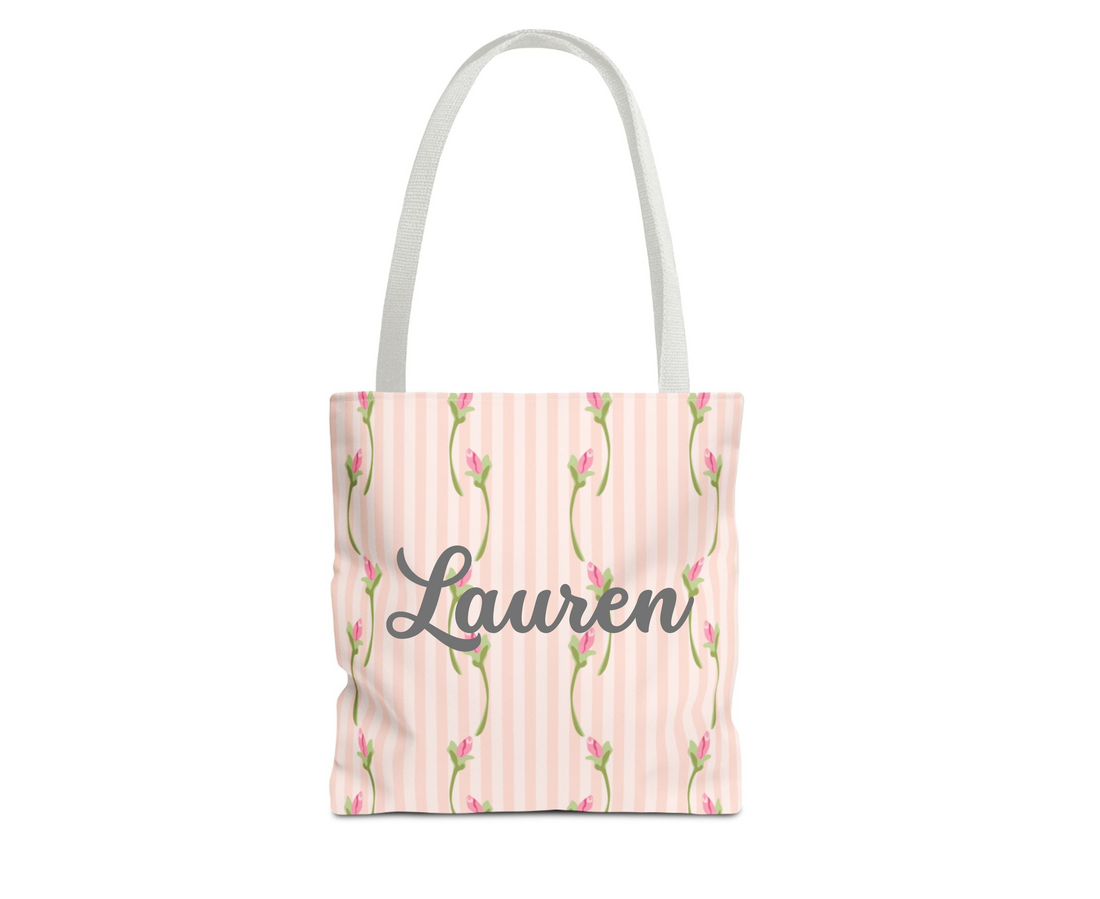 Tote bag with floral pattern on a light pink background