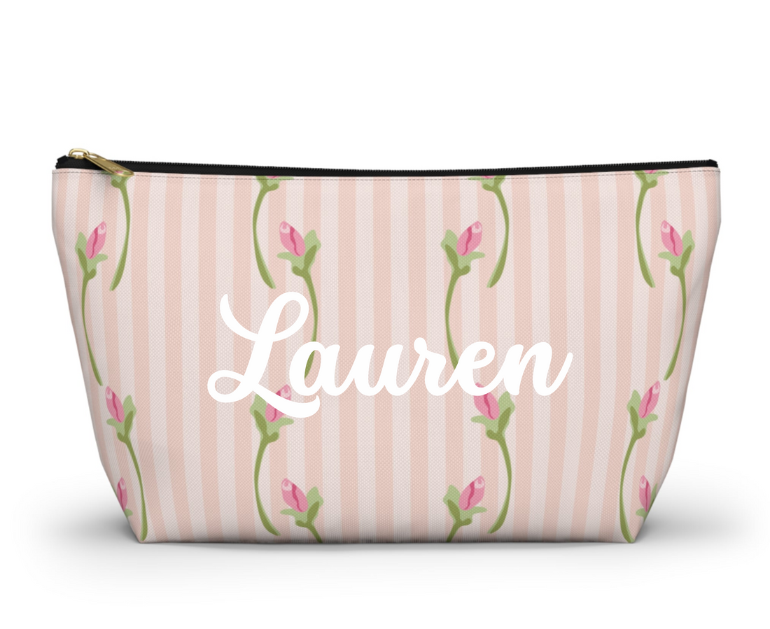 Cosmetic bag with floral pattern on a striped background