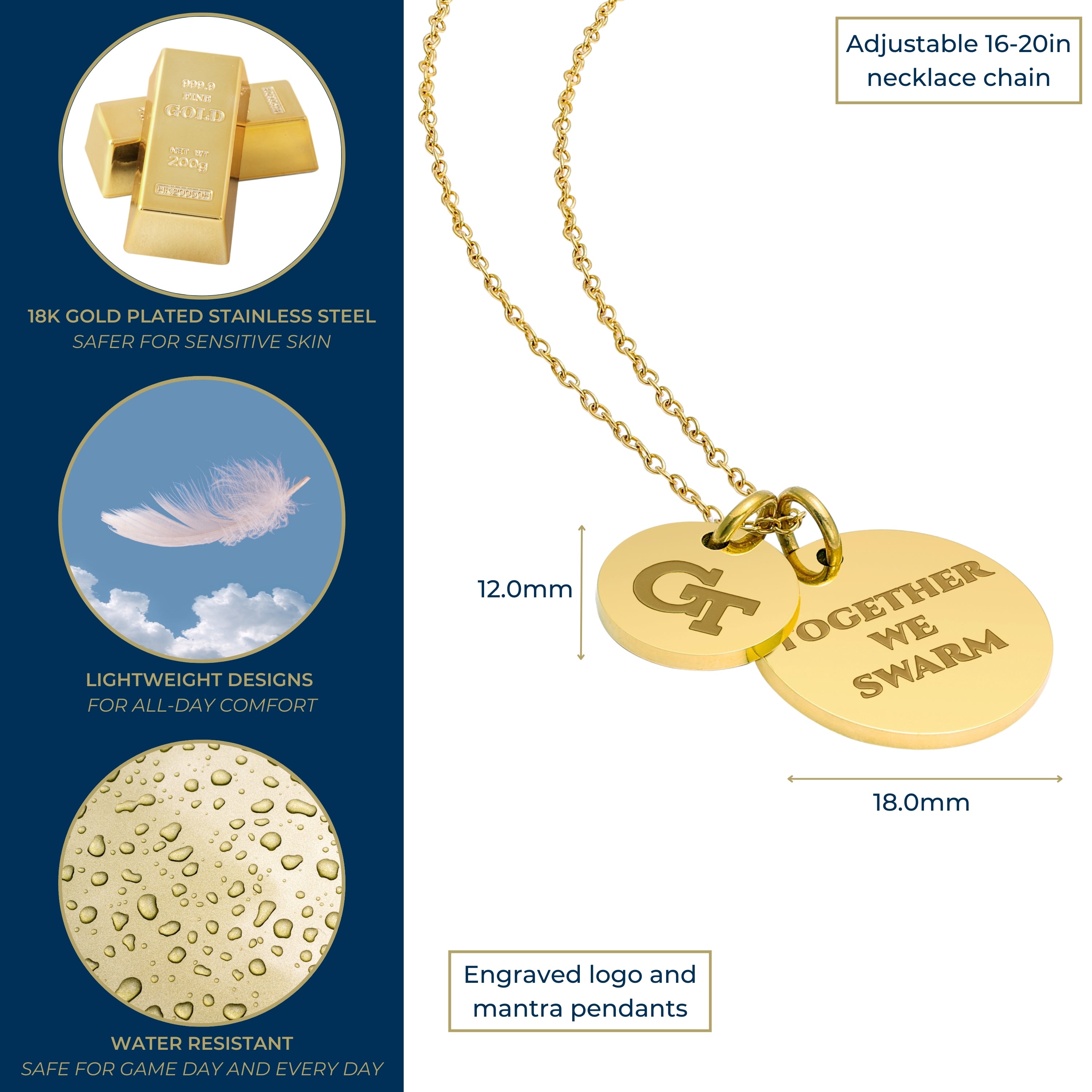 Georgia Tech Coin Charm Necklace - 18K Gold Dipped