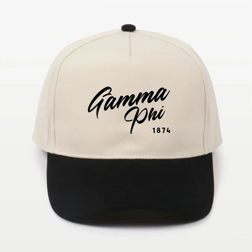 Gamma Phi Embroidered Two-Tone Baseball Cap | Hat - Script 1874
