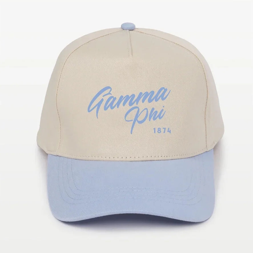 Gamma Phi Embroidered Two-Tone Baseball Cap | Hat - Script 1874