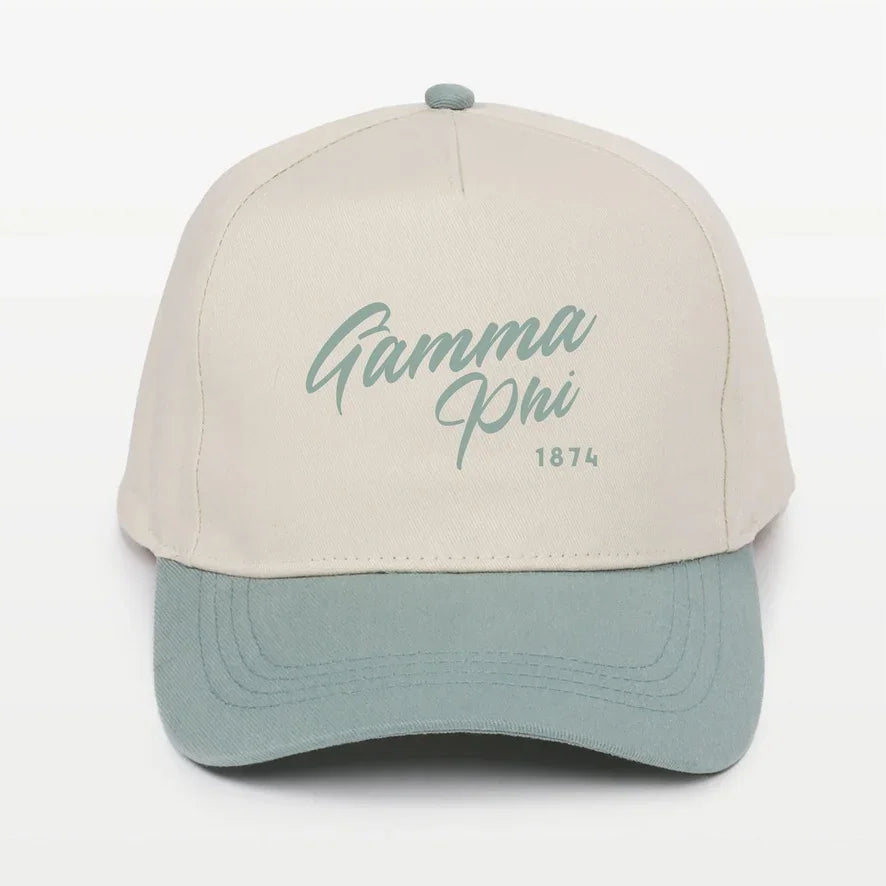 Gamma Phi Embroidered Two-Tone Baseball Cap | Hat - Script 1874