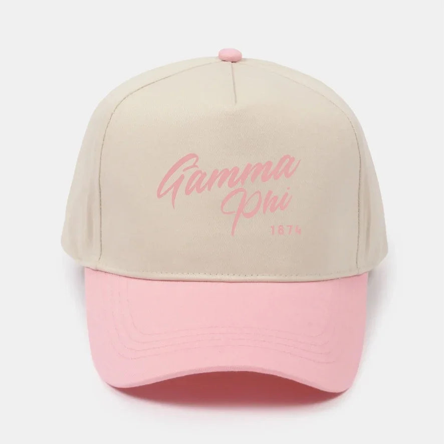 Gamma Phi Embroidered Two-Tone Baseball Cap | Hat - Script 1874