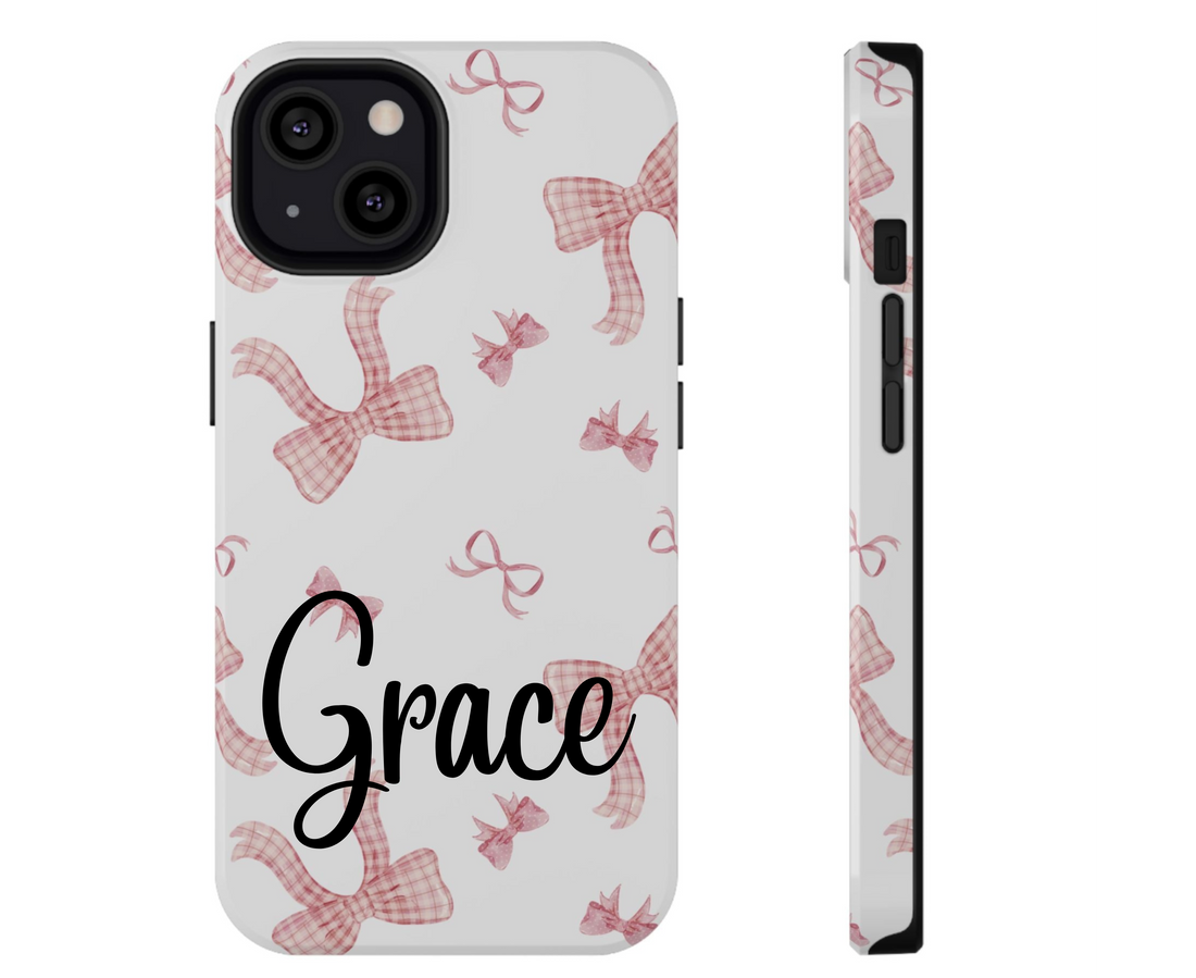 Phone case with pink checkered bow pattern on a white background