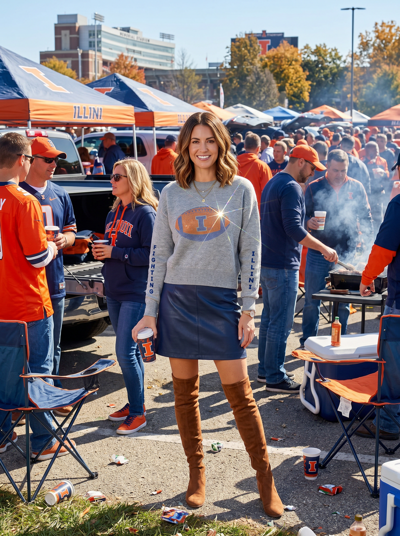 University of Illinois Gray Crewneck Fighting Illini Football Long Sleeve Sweater