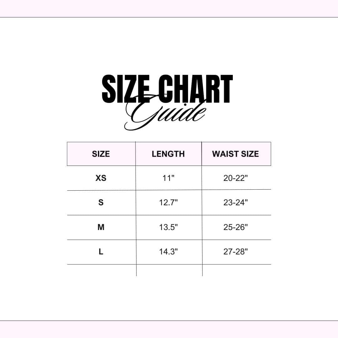 A size chart guide table showing size options XS through L with corresponding length measurements in inches and waist size ranges, centered on a white background with black text.
