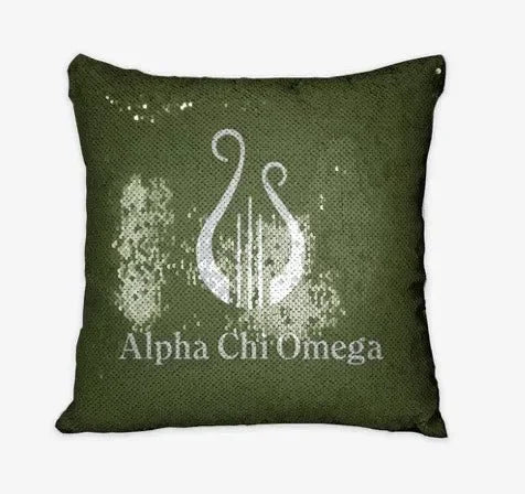 Alpha Chi Omega Silver Sequin Pillow Cover - Olive Lyre