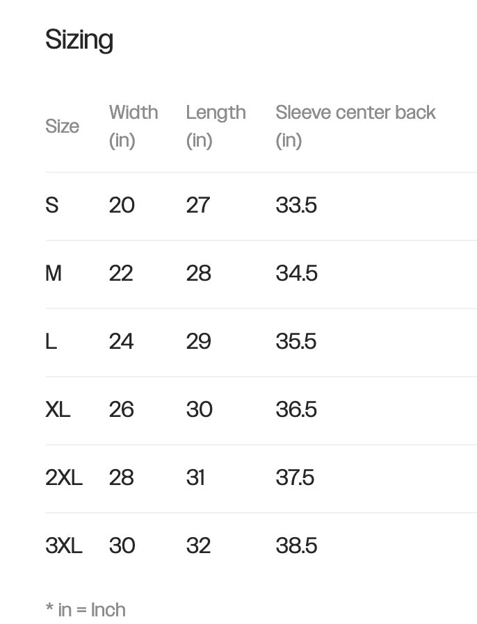 Sizing chart for clothing with dimensions in inches