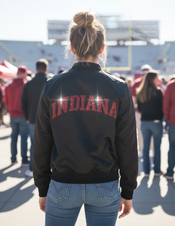 Indiana University Curved Indiana & Hoosiers Black Bomber Jacket