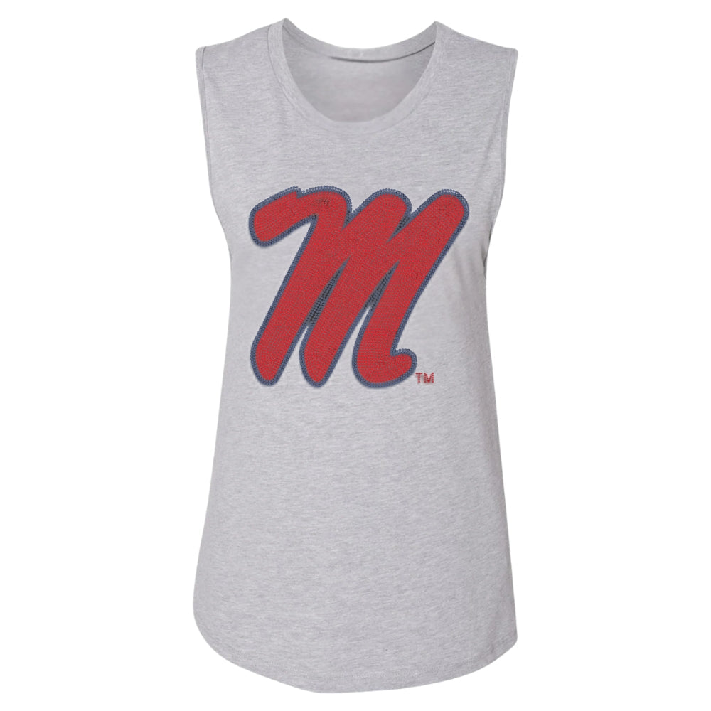 University of Mississippi Script M Gray Crewneck Tank Top