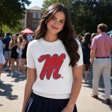 University of Mississippi Script M Ivory Short Sleeve Sweater