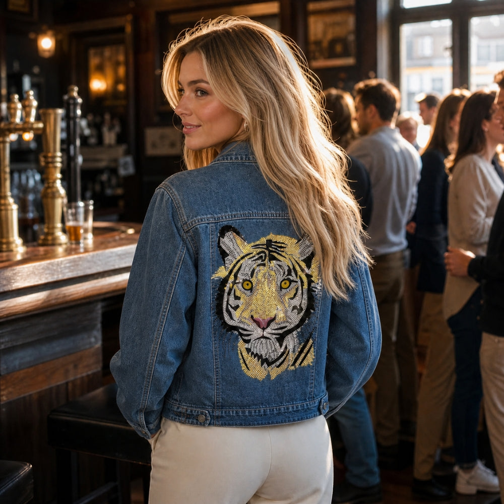 Orange Tiger Face Blue Denim Jacket