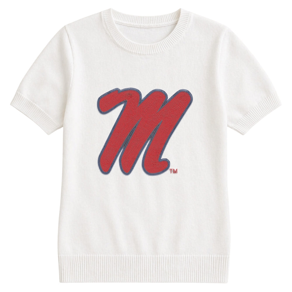 University of Mississippi Script M Ivory Short Sleeve Sweater