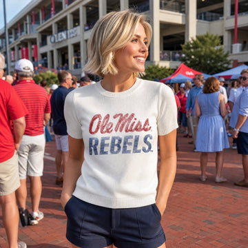 University of Mississippi Ole Miss Rebels Script Ivory Short Sleeve Sweater