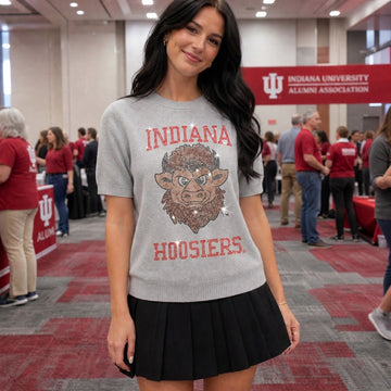 Indiana University Hoosiers Vintage Bison Head Gray Short Sleeve Sweater