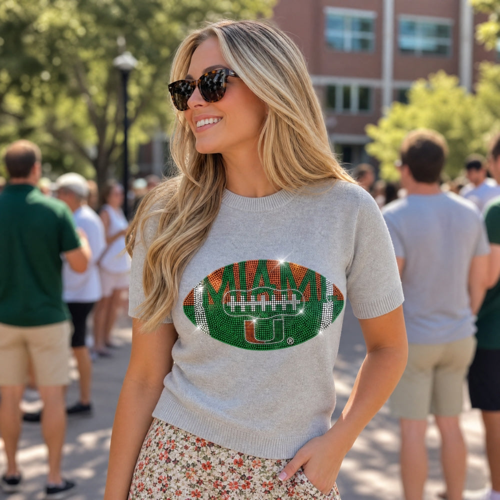 University Of Miami Football Gray Short Sleeve Sweater