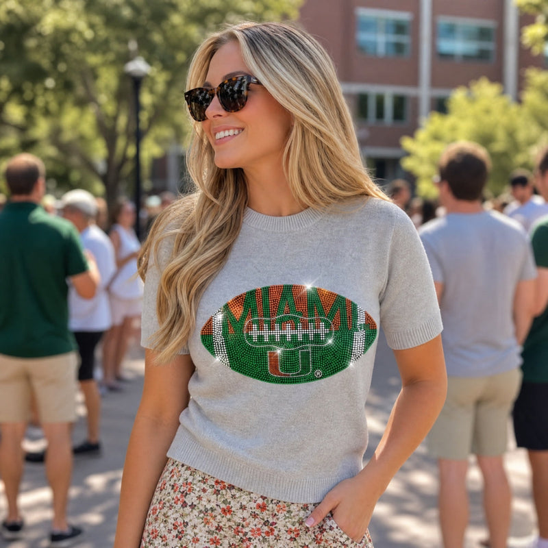 University Of Miami Football Gray Short Sleeve Sweater