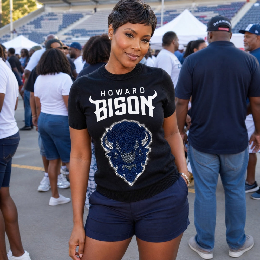 Howard University Bison Head Black Short Sleeve Sweater