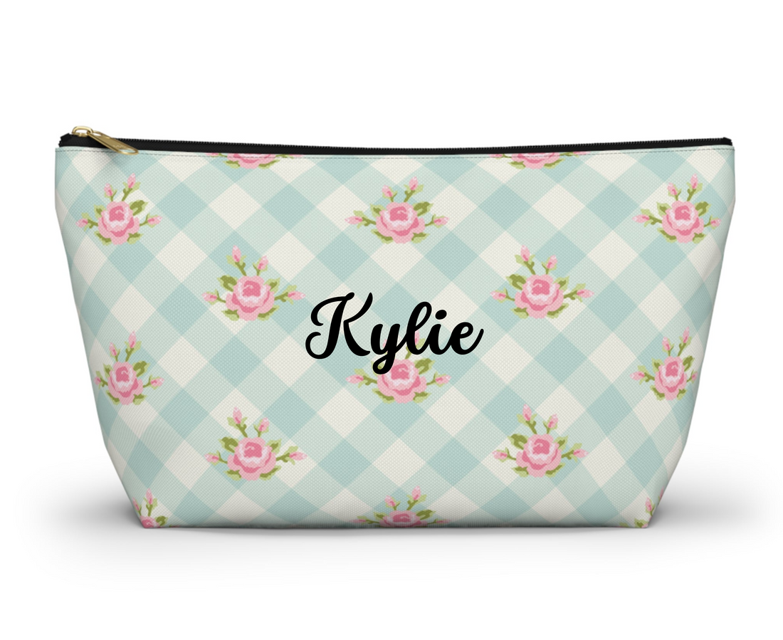 Cosmetic bag with floral pattern on a checkered background