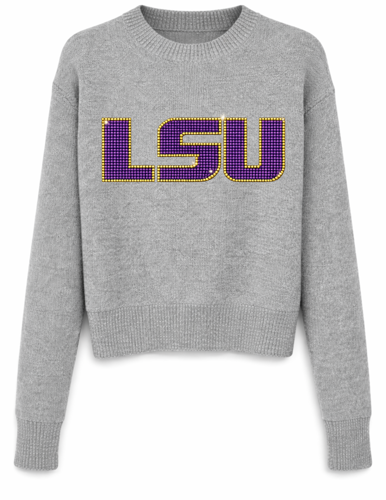 Louisiana State University Crystal Block Letters Gray Crewneck Sweater