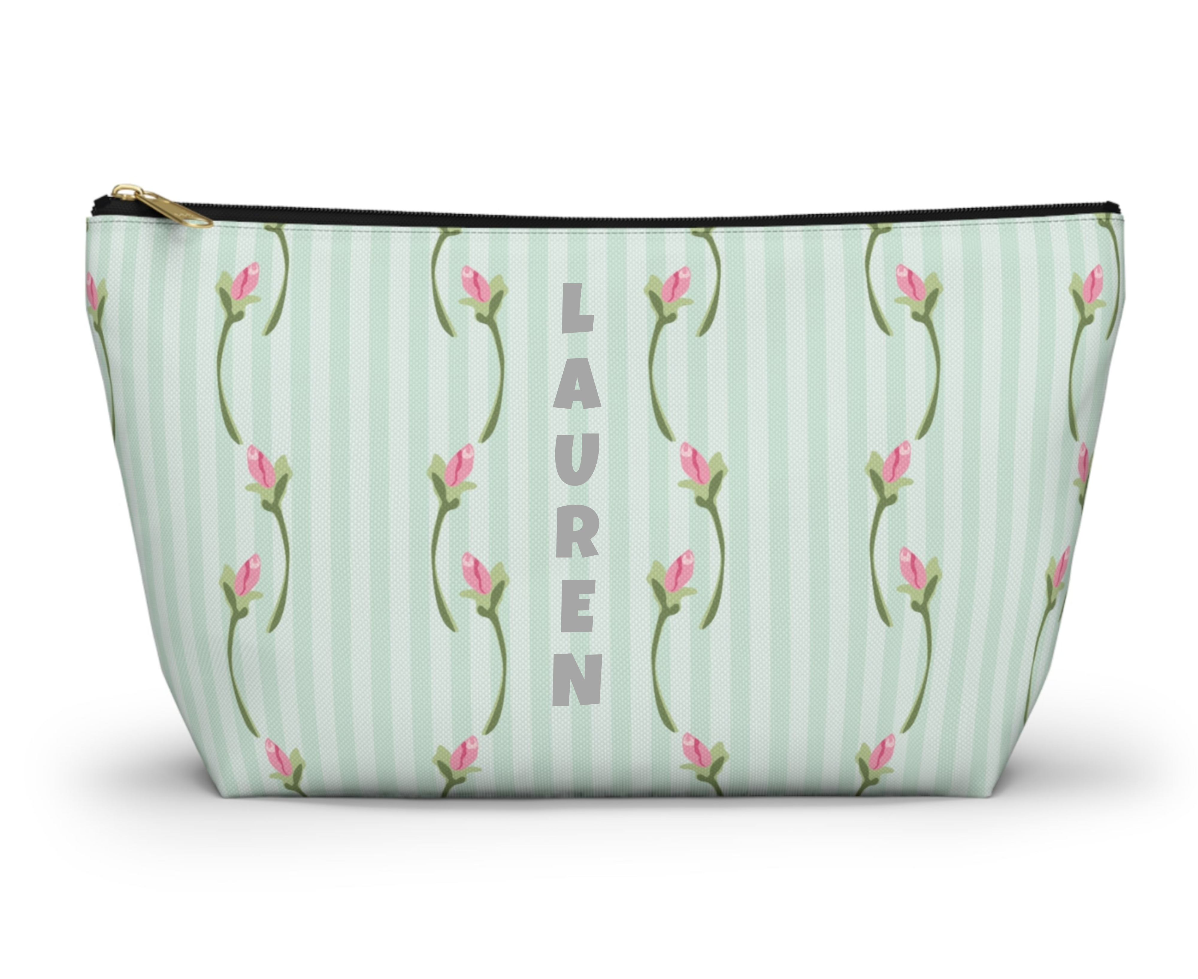 Customizable: Floral Print Accessory Pouch | Cute Makeup Bag, Travel Organizer, Gift for Her, Floral Clutch, Green Striped Bag