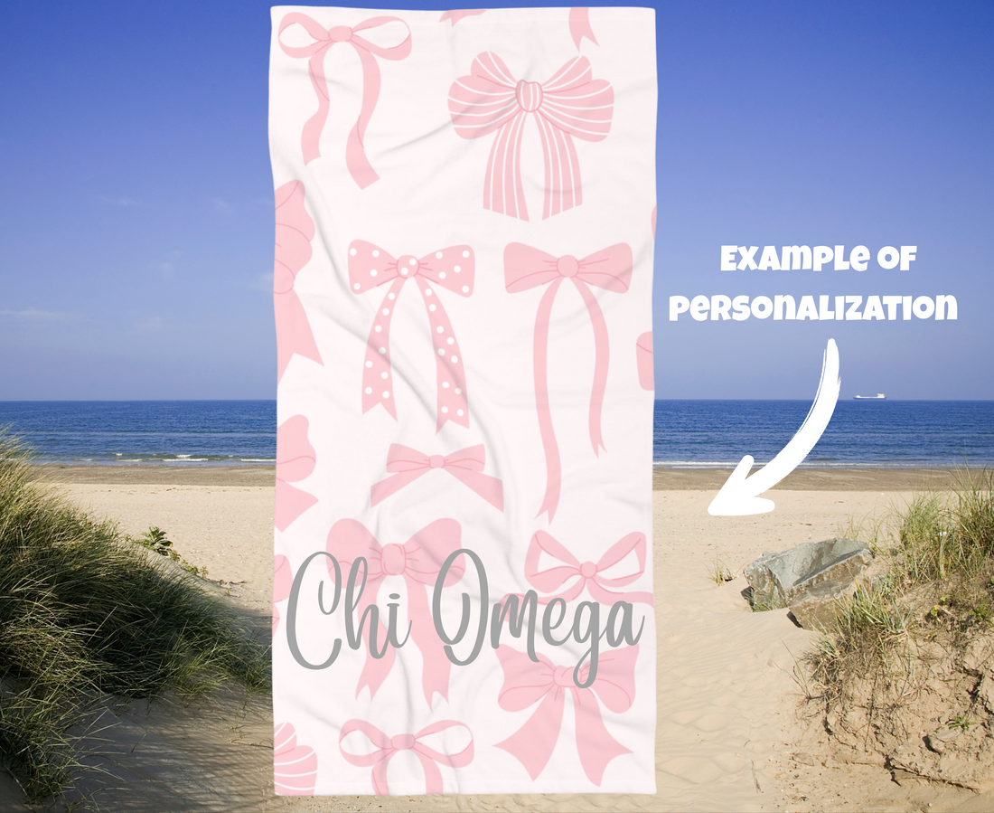 Customizable: Chic Pink Bow Beach Towel, Stylish Beach Accessory, Summer Pool Towel, Gift for Her, Elegant Towel for Beach Days