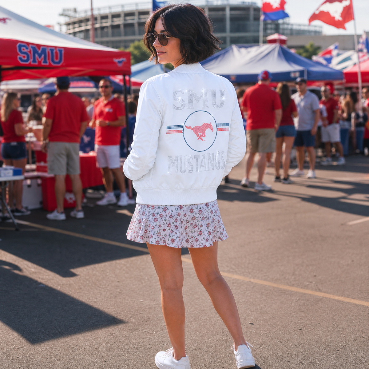 SMU Stripe Mustangs White Bomber Jacket