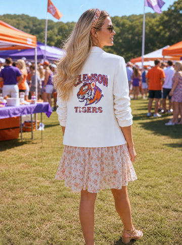 Clemson University Tiger Head Clemson Tigers White Ruched Sleeve Blazer