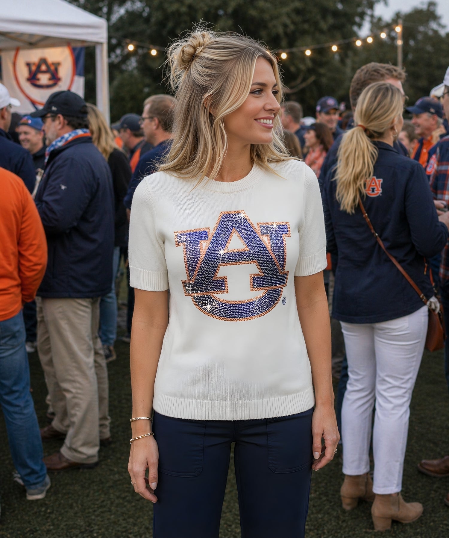 Auburn University Navy AU Ivory Short Sleeve Sweater