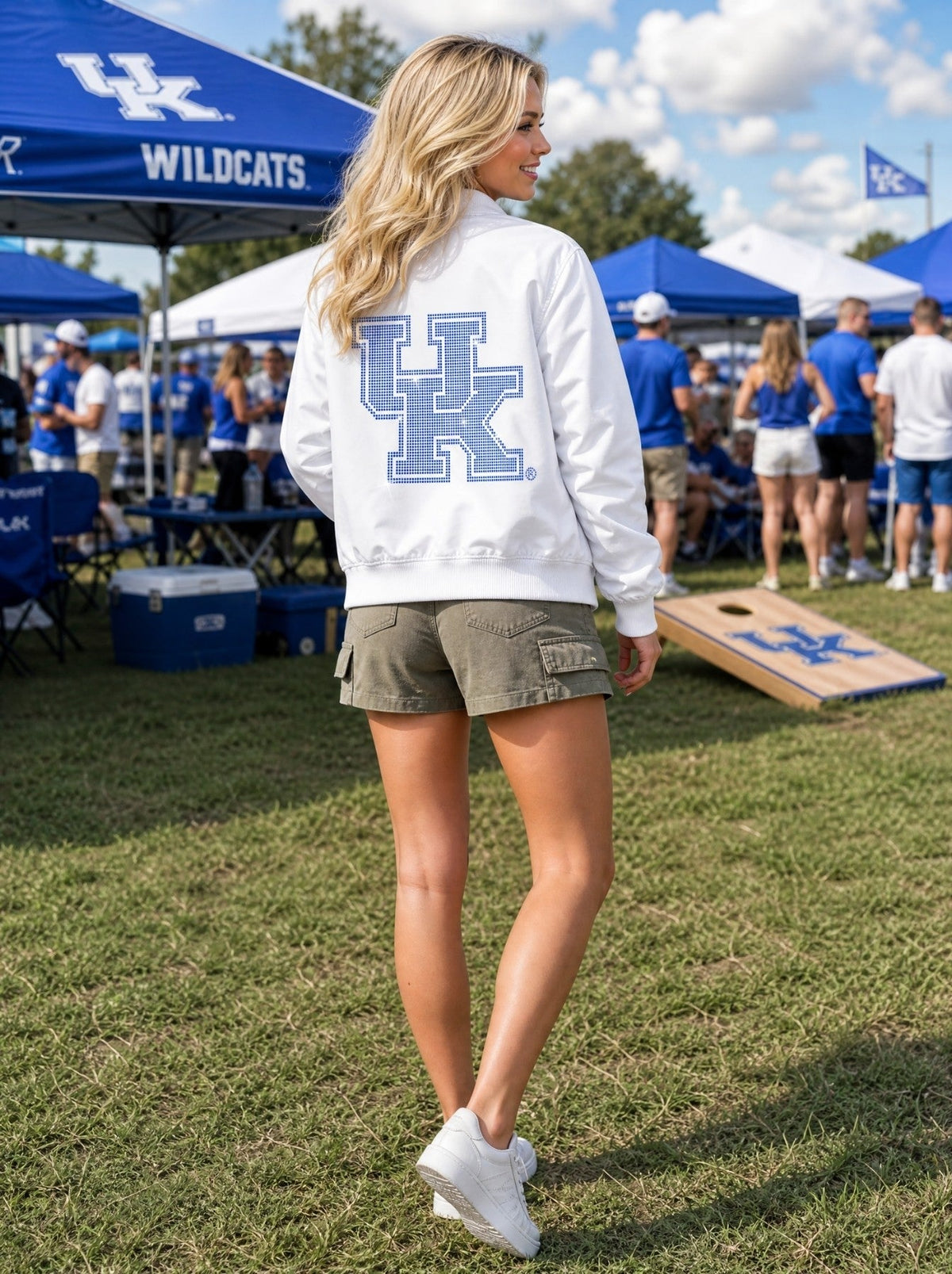 University of Kentucky Blue Interlocking UK White Bomber Jacket