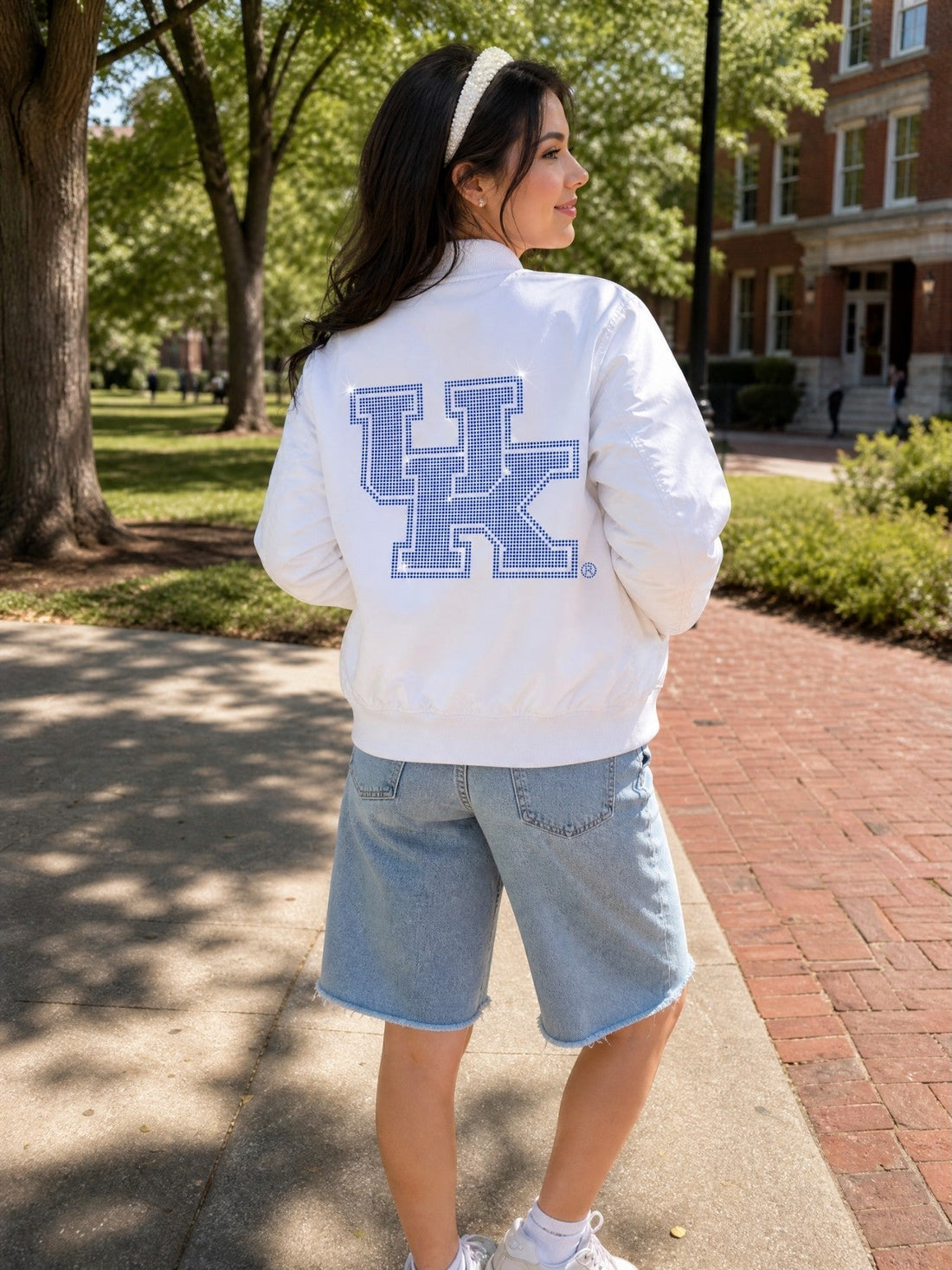 University of Kentucky Blue Interlocking UK White Bomber Jacket