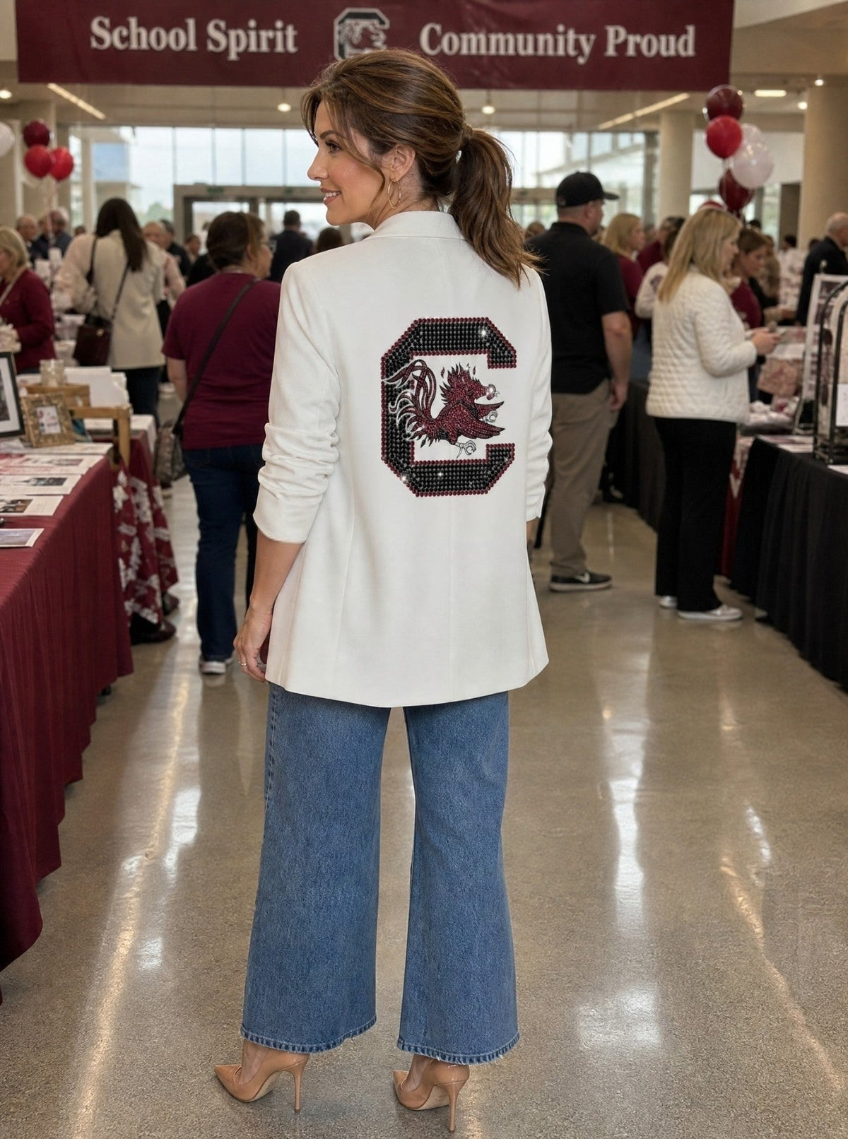 University of South Carolina Gamecock C White Ruched Sleeve Blazer