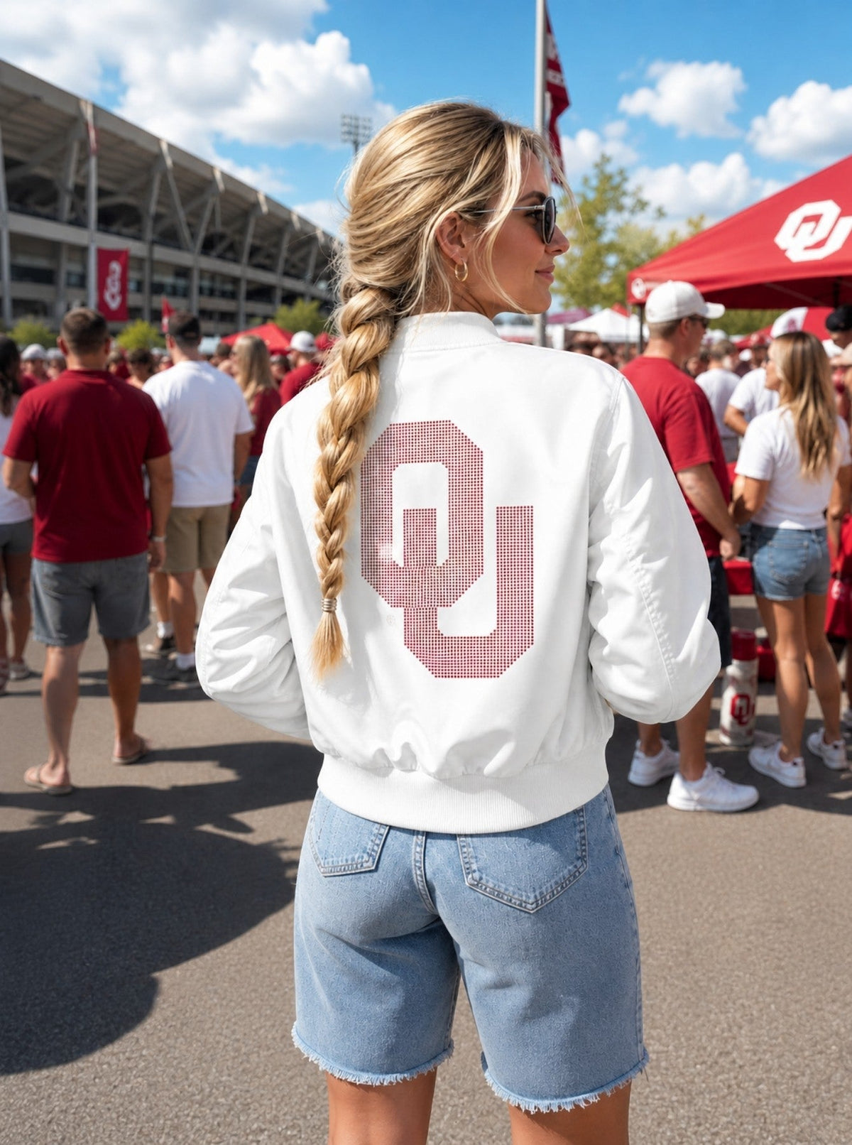 University of Oklahoma Interlocking OU White Bomber Jacket
