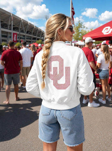 University of Oklahoma Interlocking OU White Bomber Jacket