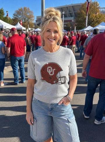 University of Oklahoma Helmet Gray Short Sleeve Sweater