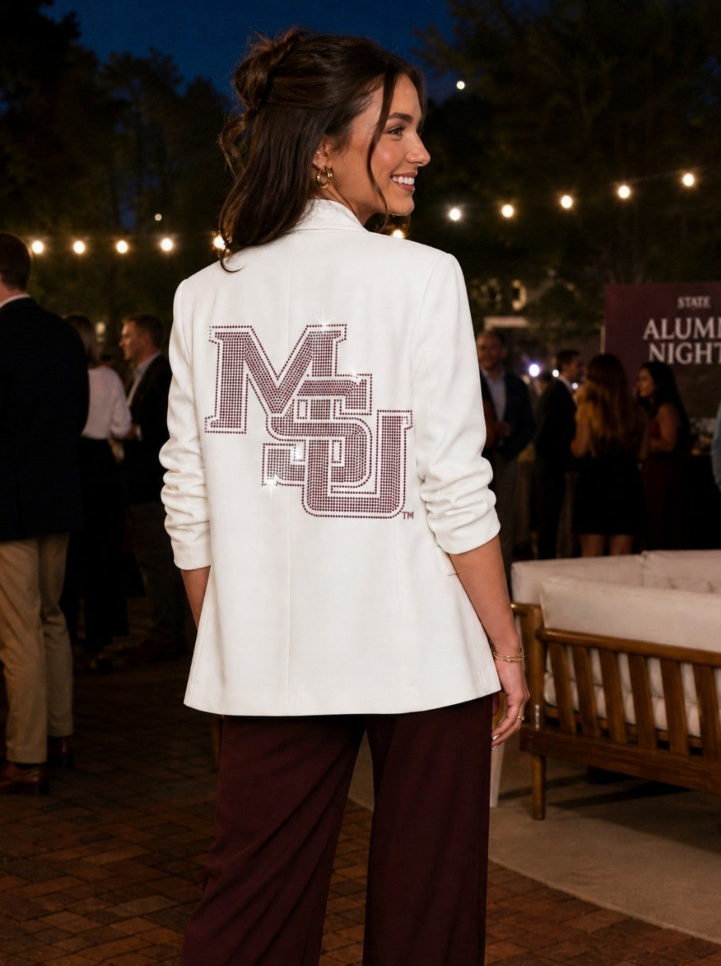 Mississippi State Stacked MSU White Ruched Sleeve Blazer