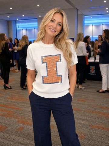 University of Illinois Block I Ivory Short Sleeve Sweater