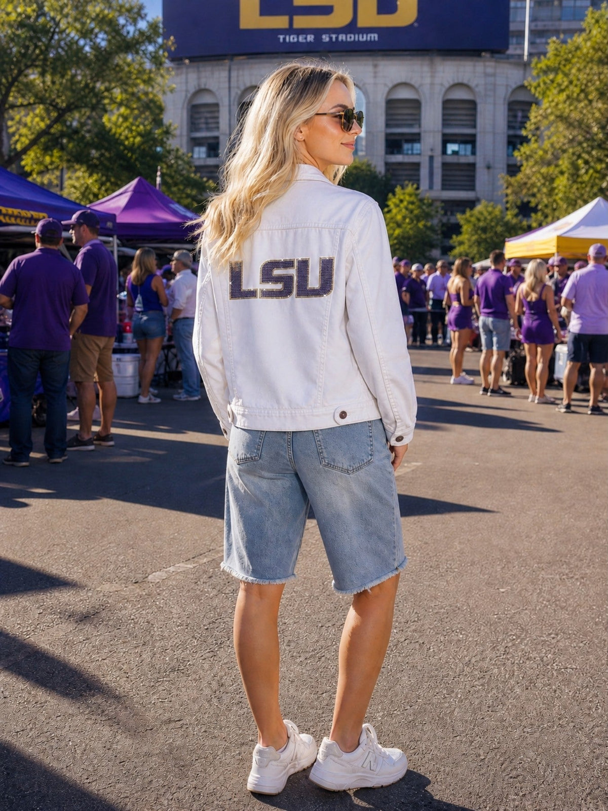 Louisiana State University Crystal Block Letters White Denim Jacket