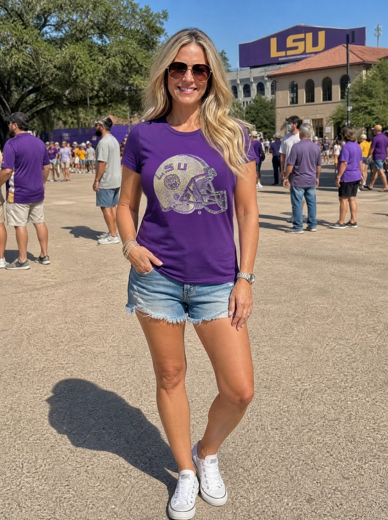 Louisiana State University Helmet Purple Crewneck T-Shirt