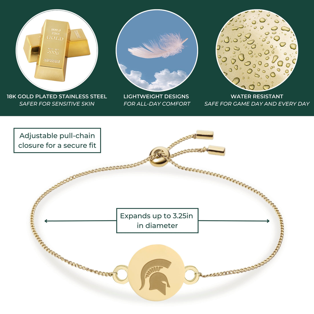 Michigan State Bracelet Bolo 18K Gold Finish