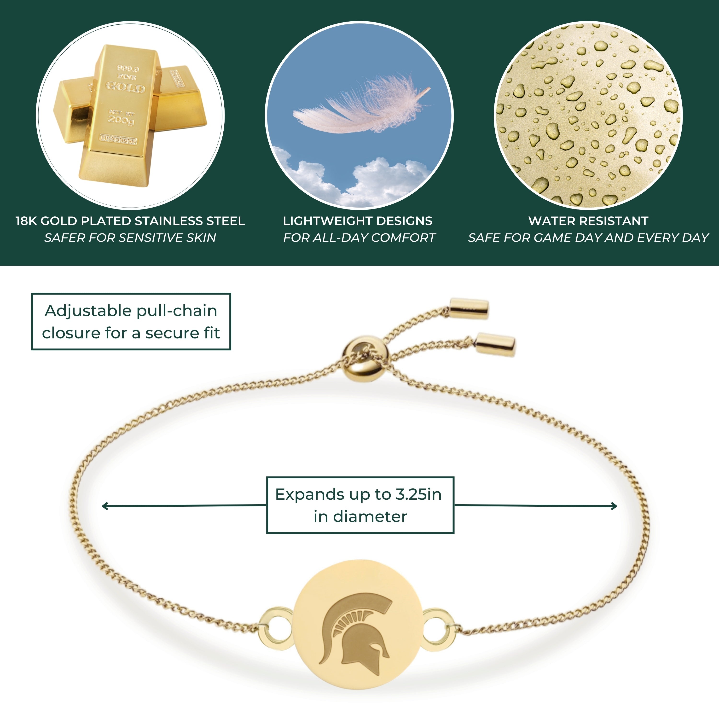 Michigan State Bracelet Bolo 18K Gold Finish