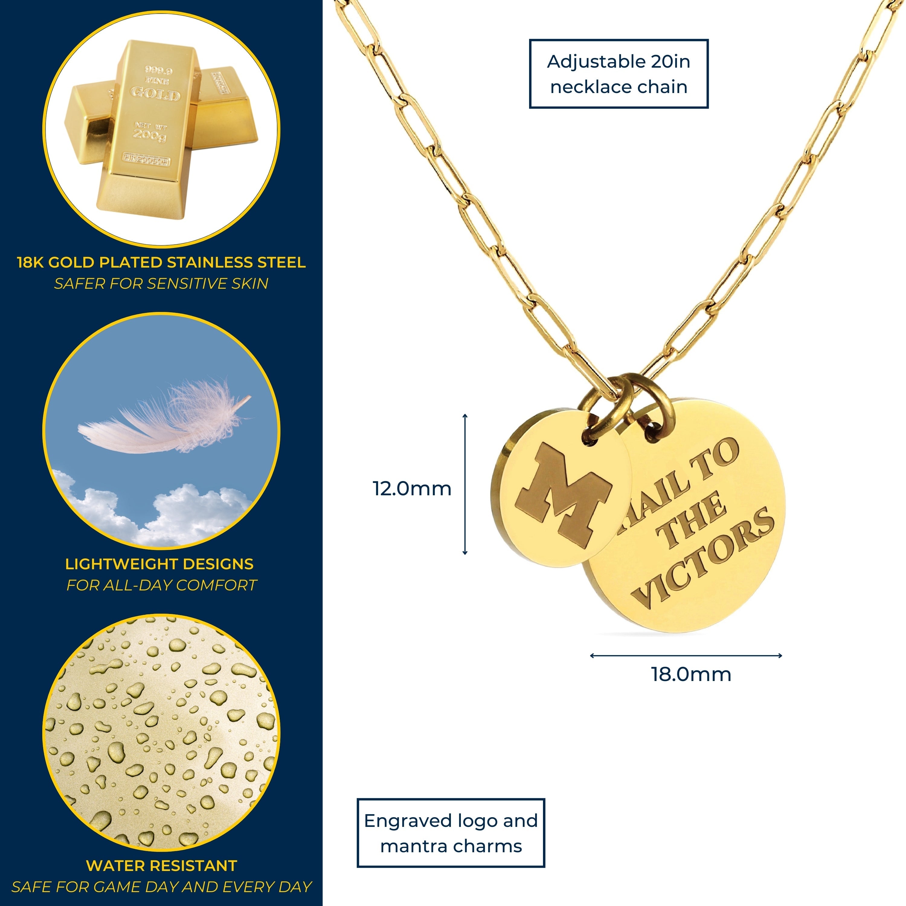 University of Michigan Charm Necklace Paperclip Chain