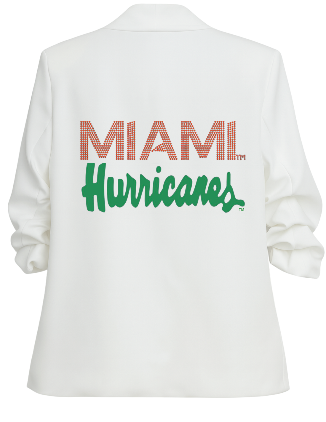 University Of Miami Hurricanes Script White Ruched Sleeve Blazer