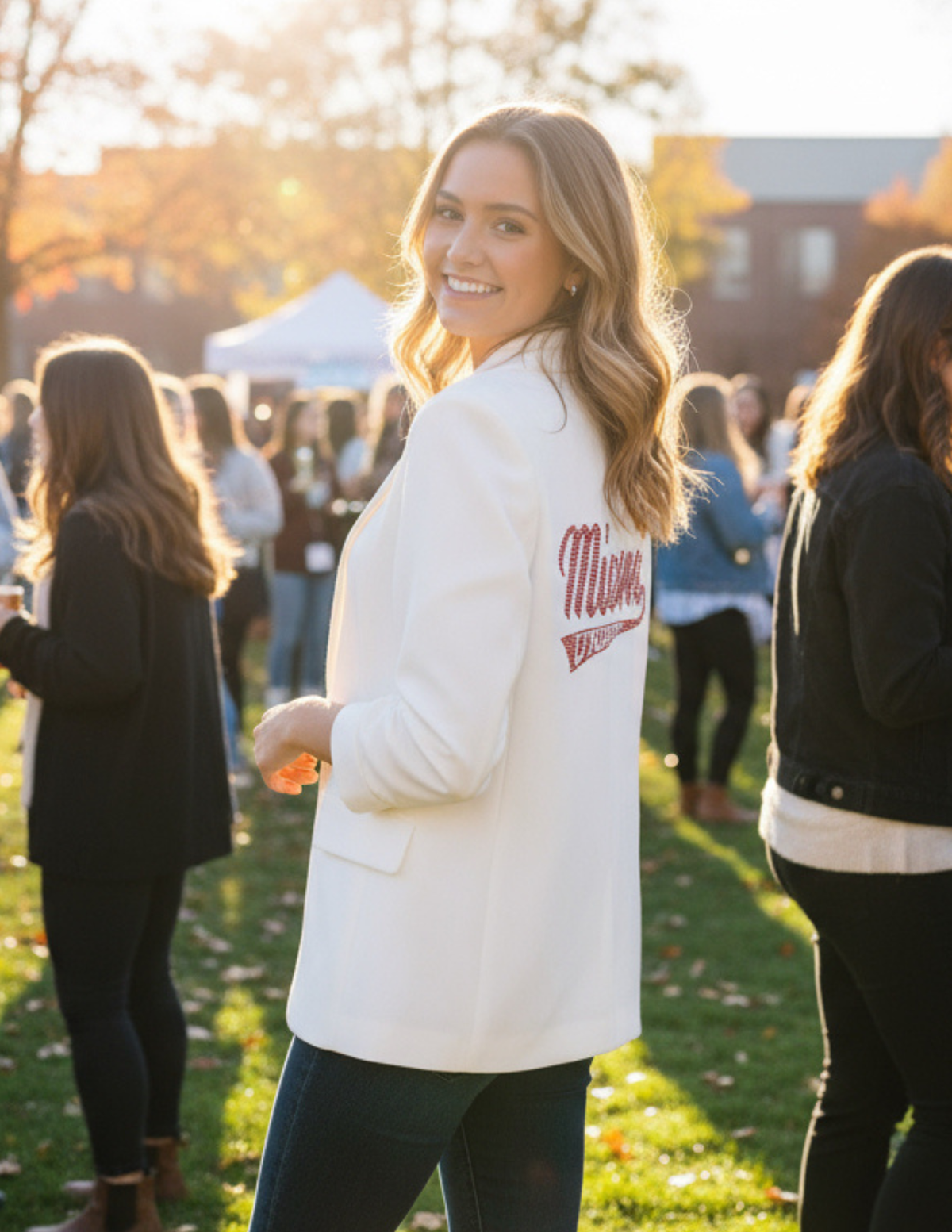 Miami of Ohio Script White Ruched Sleeve Blazer
