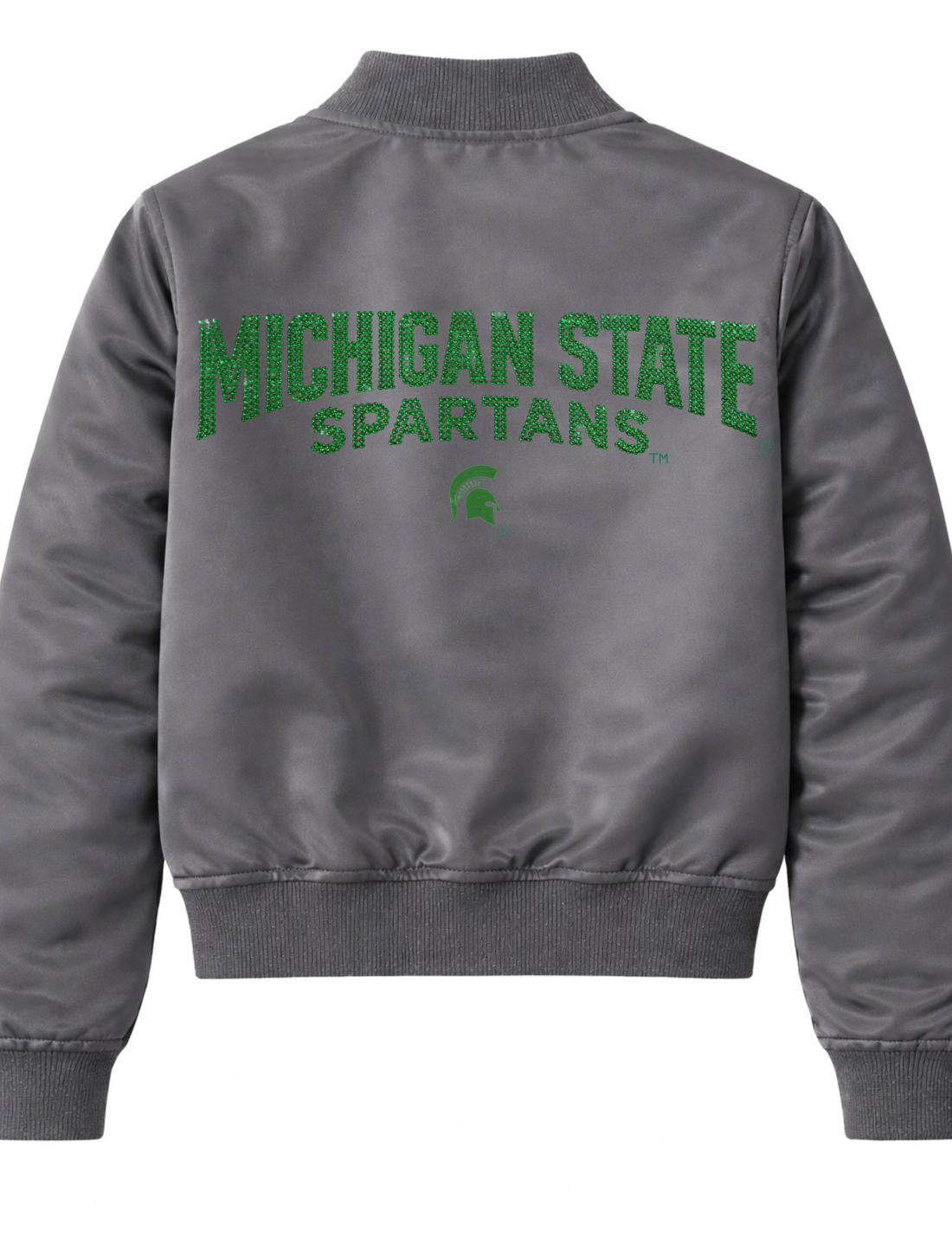 Michigan State Spartans Script, Small Helmet Grey Bomber Jacket