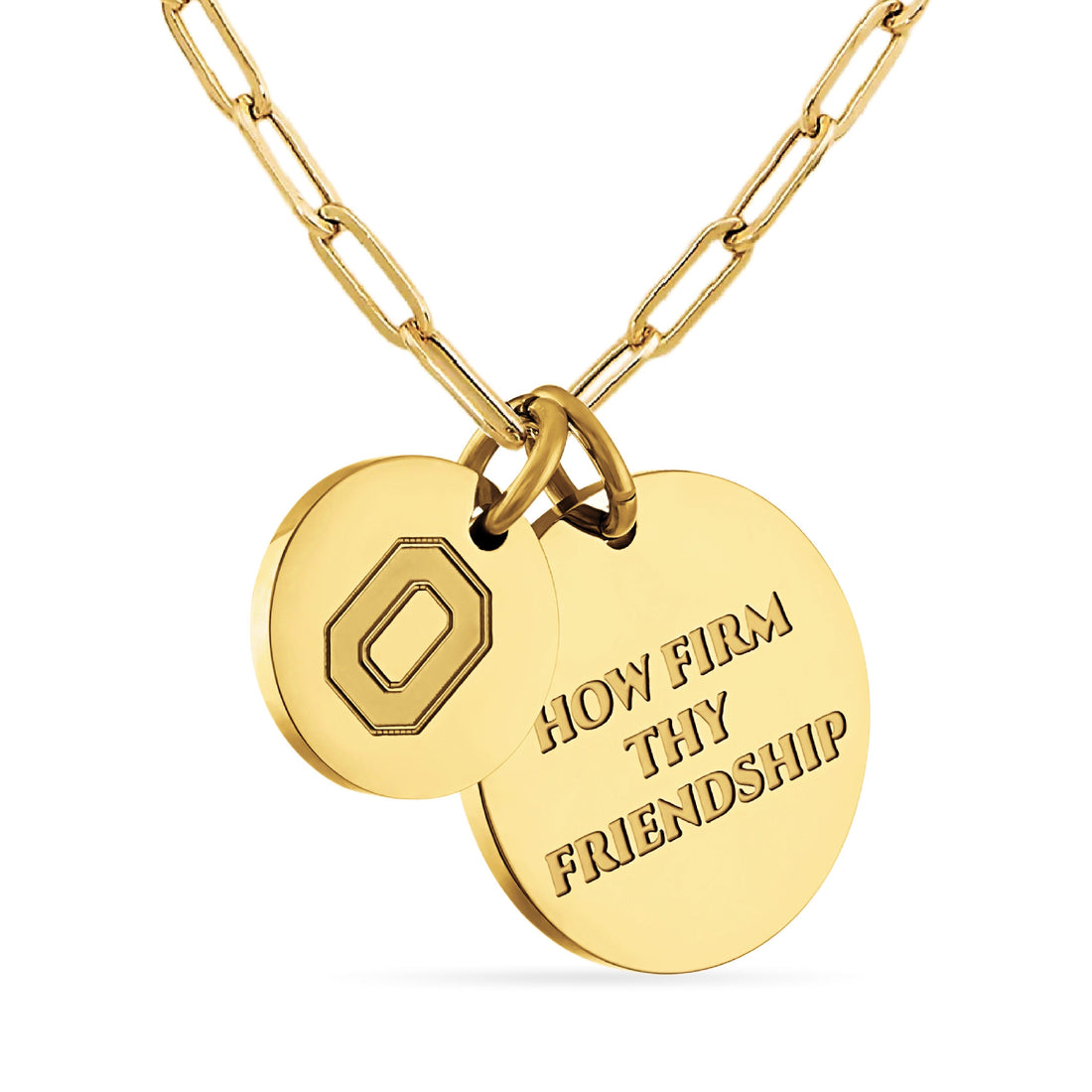 Gold necklace with two round pendants on a white background