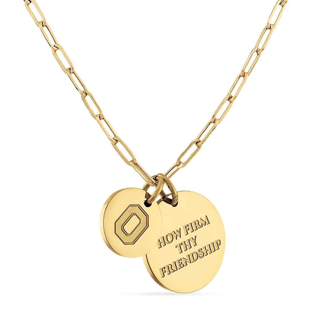 Gold necklace with two round pendants on a white background