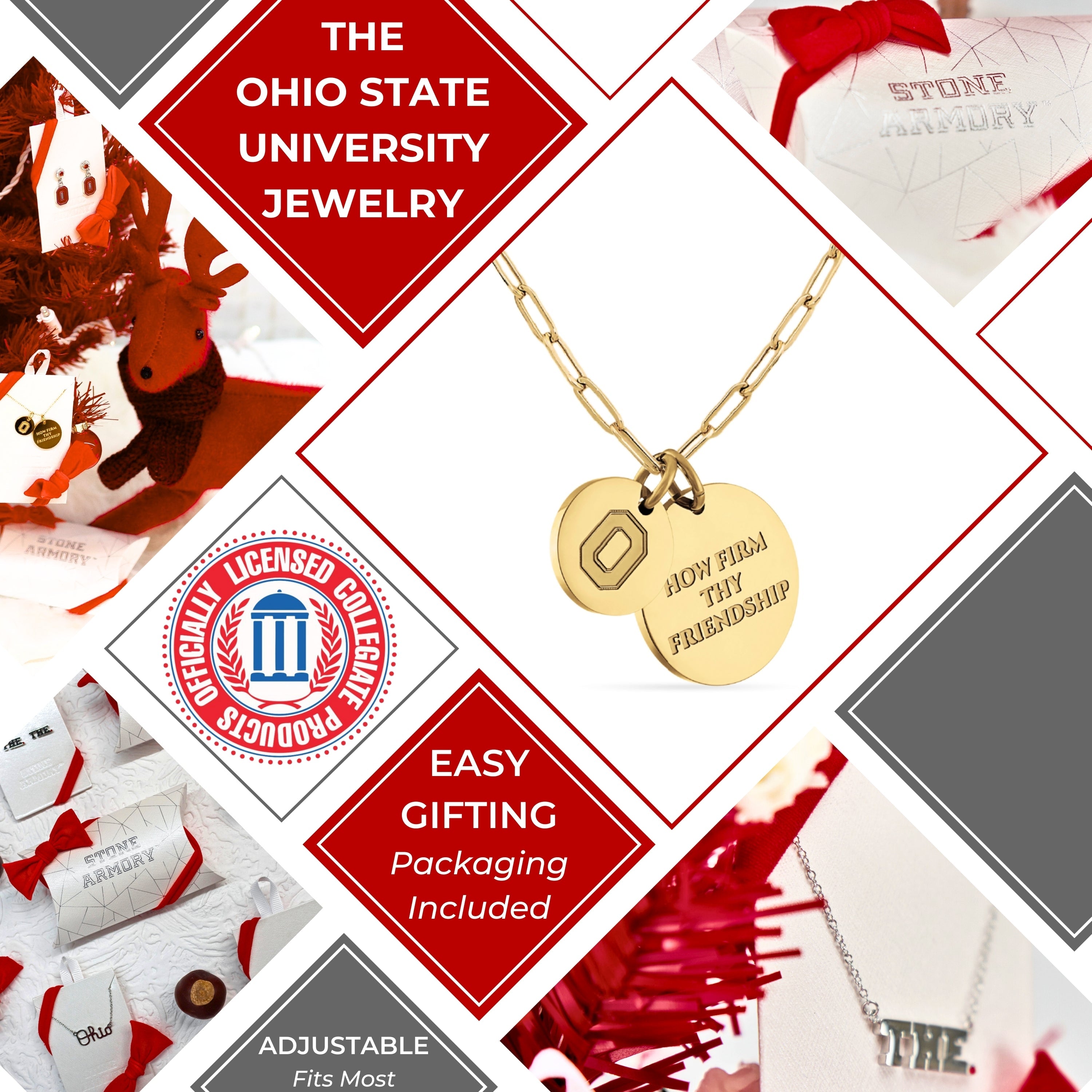 Collage of Ohio State University jewelry with gold necklace and packaging.